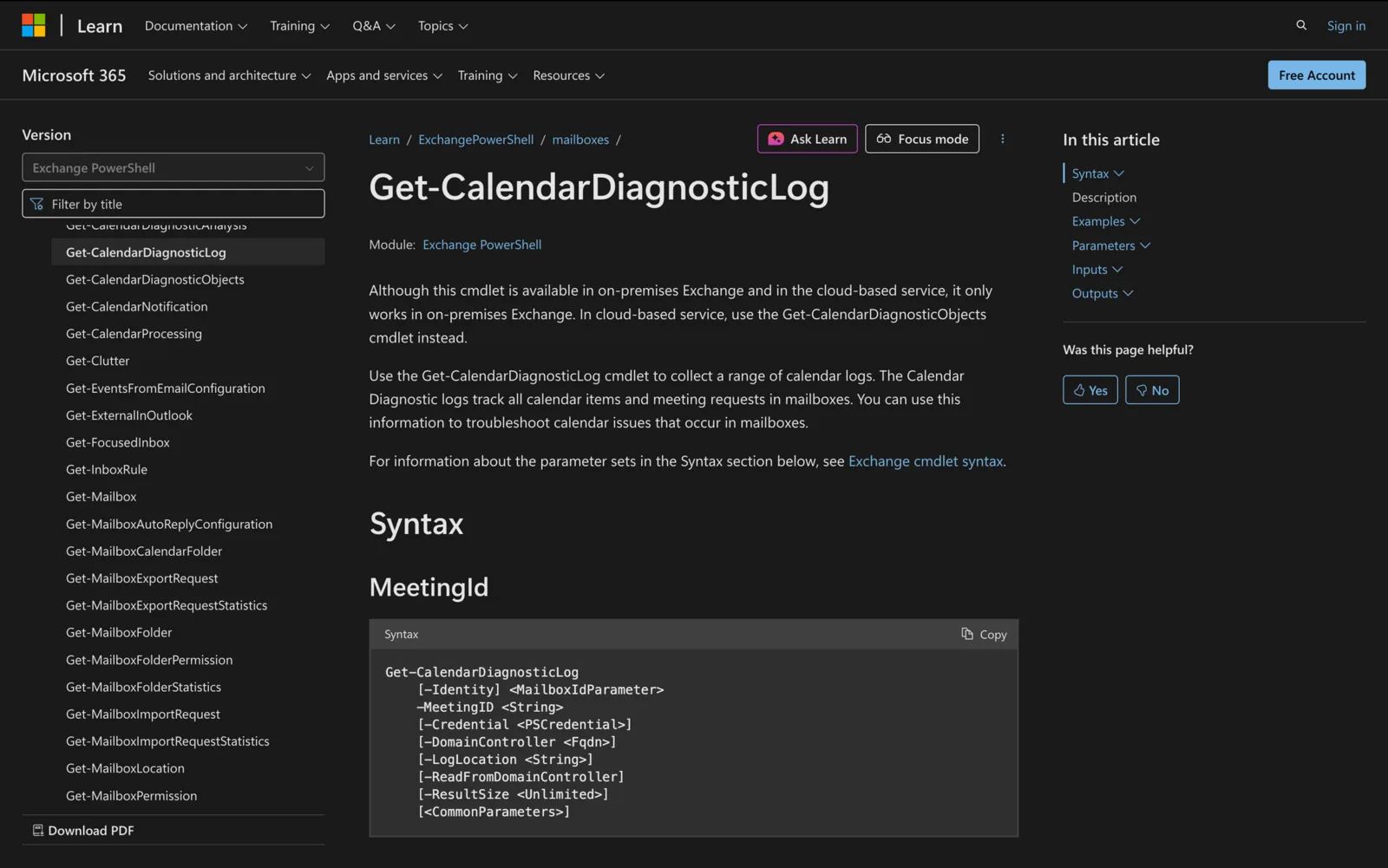 Microsoft Learn documentation for the Get-CalendarDiagnosticLog cmdlet showing its PowerShell syntax