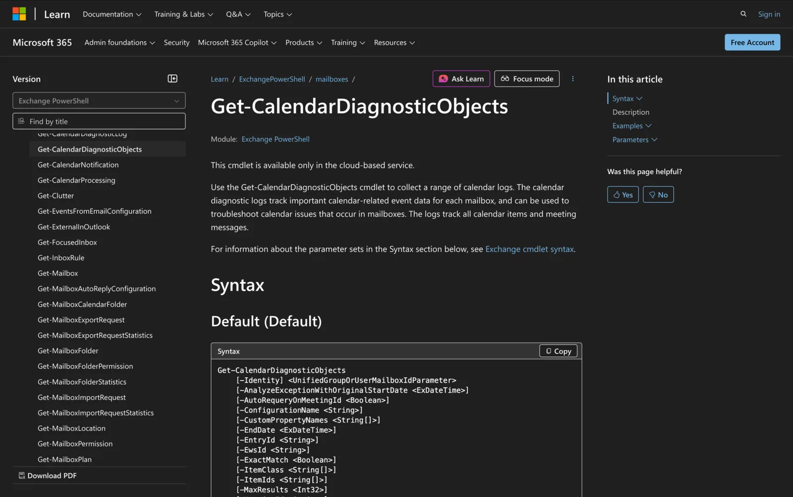 Microsoft Learn documentation for the Get-CalendarDiagnosticObjects cmdlet showing its PowerShell syntax