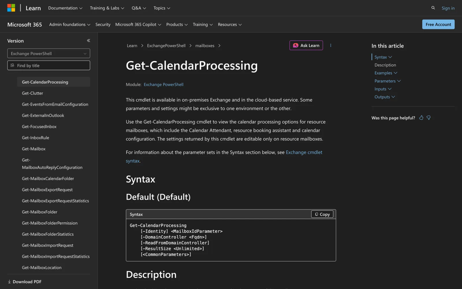 Microsoft Learn documentation for the Get-CalendarProcessing cmdlet showing its PowerShell syntax