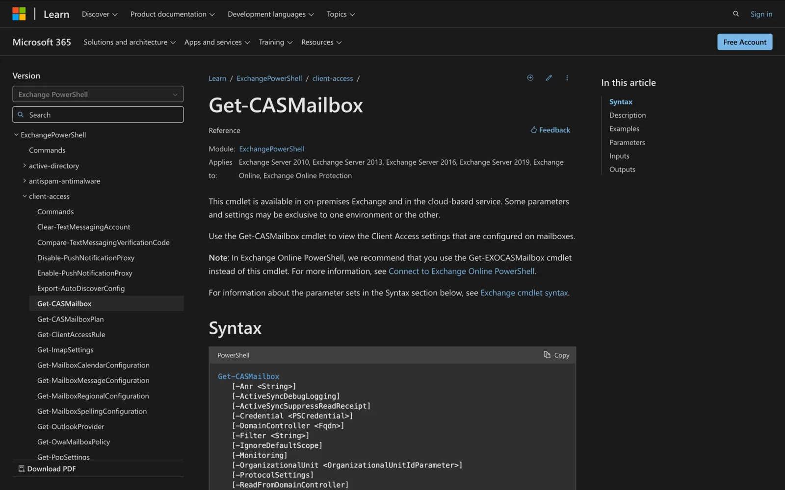 Microsoft Learn documentation for the Get-CASMailbox cmdlet showing its PowerShell syntax