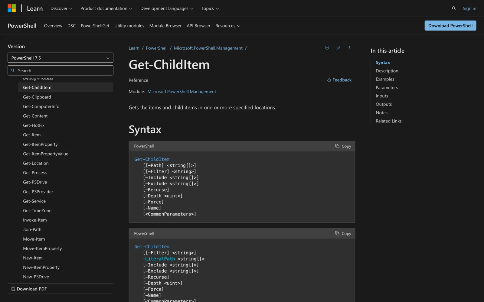 Microsoft Learn documentation for the Get-ChildItem cmdlet showing its PowerShell syntax