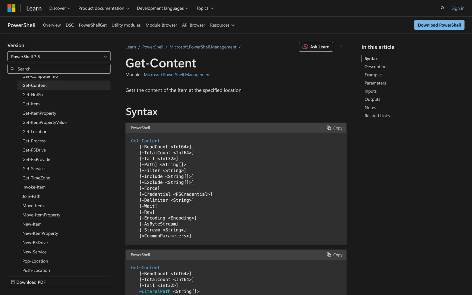 Microsoft Learn documentation for the Get-Content cmdlet showing its PowerShell syntax