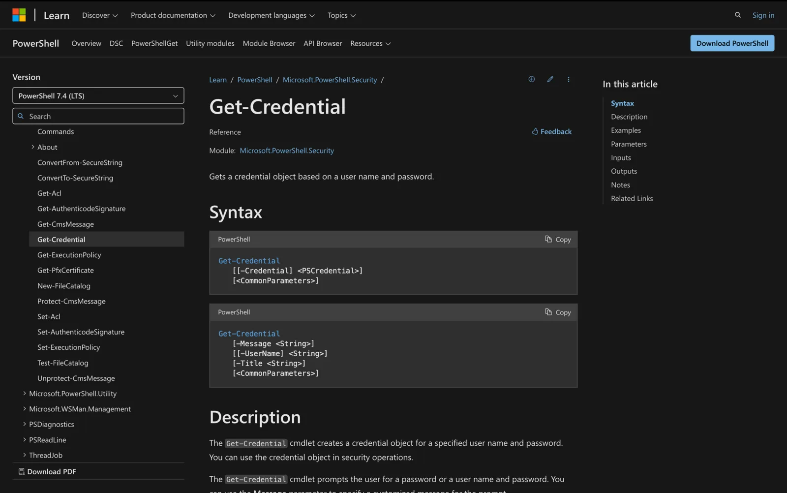 Microsoft Learn documentation for the Get-Credential cmdlet showing its PowerShell syntax