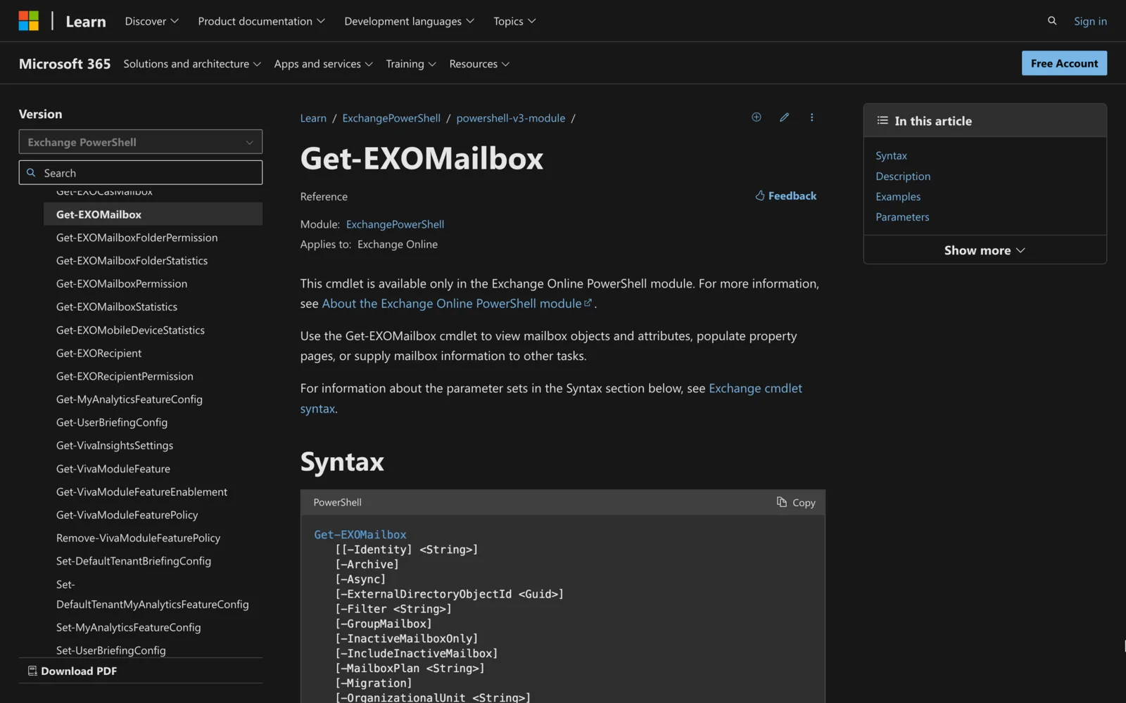 Microsoft Learn documentation for the Get-EXOMailbox cmdlet showing its PowerShell syntax