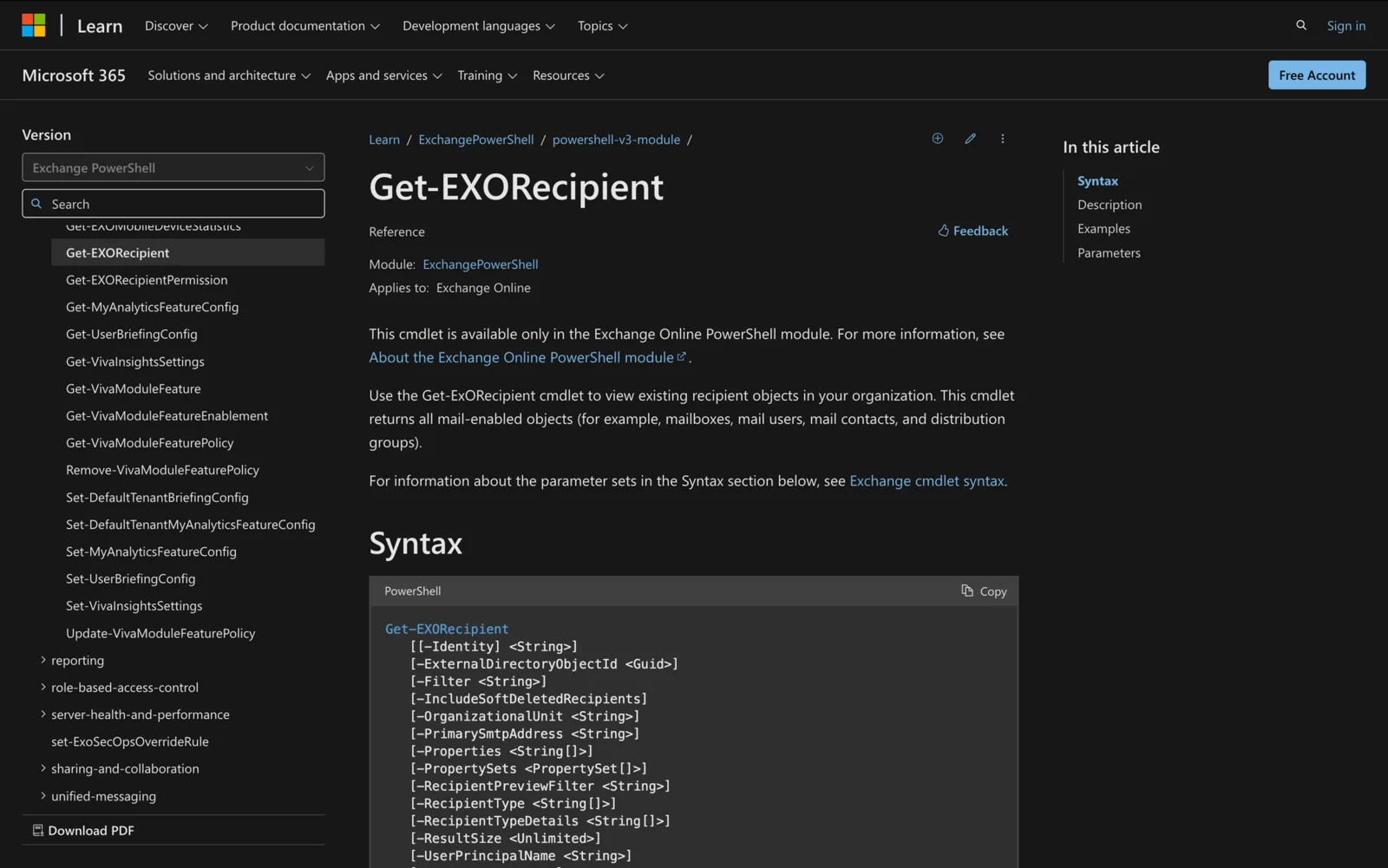 Microsoft Learn documentation for the Get-EXORecipient cmdlet showing its PowerShell syntax