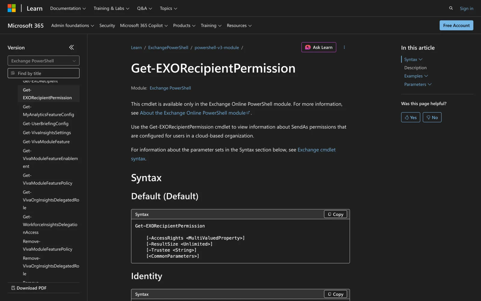Microsoft Learn documentation for the Get-EXORecipientPermission cmdlet showing its PowerShell syntax