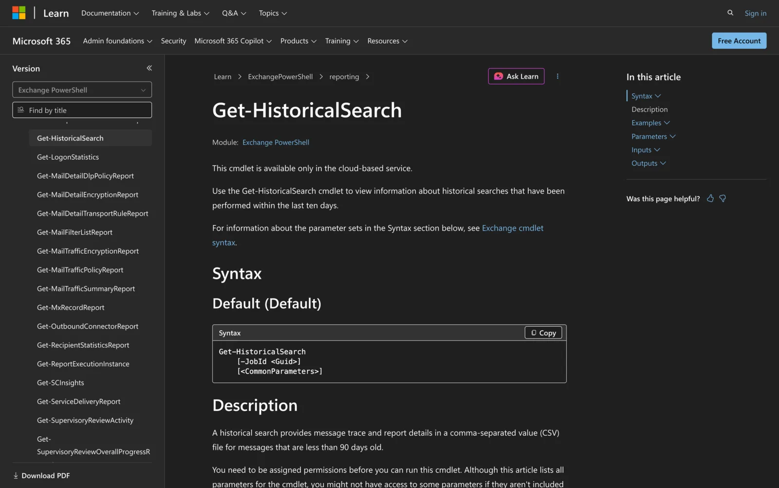 Microsoft Learn documentation for the Get-HistoricalSearch cmdlet showing its PowerShell syntax