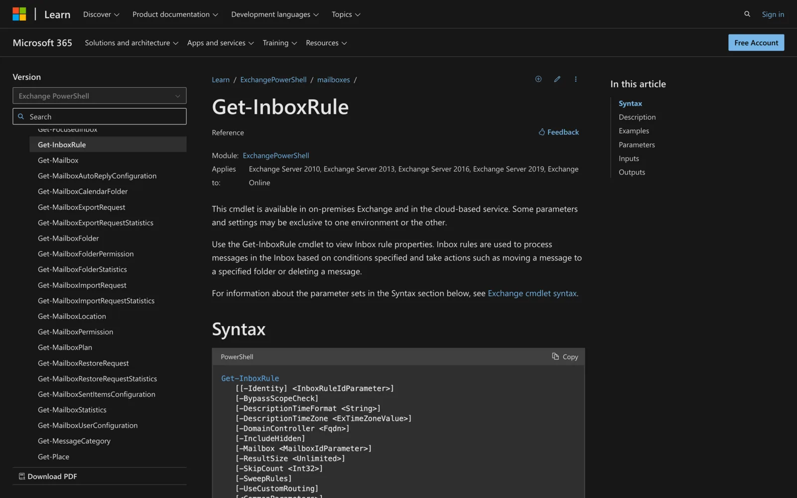 Microsoft Learn documentation for the Get-InboxRule cmdlet showing its PowerShell syntax