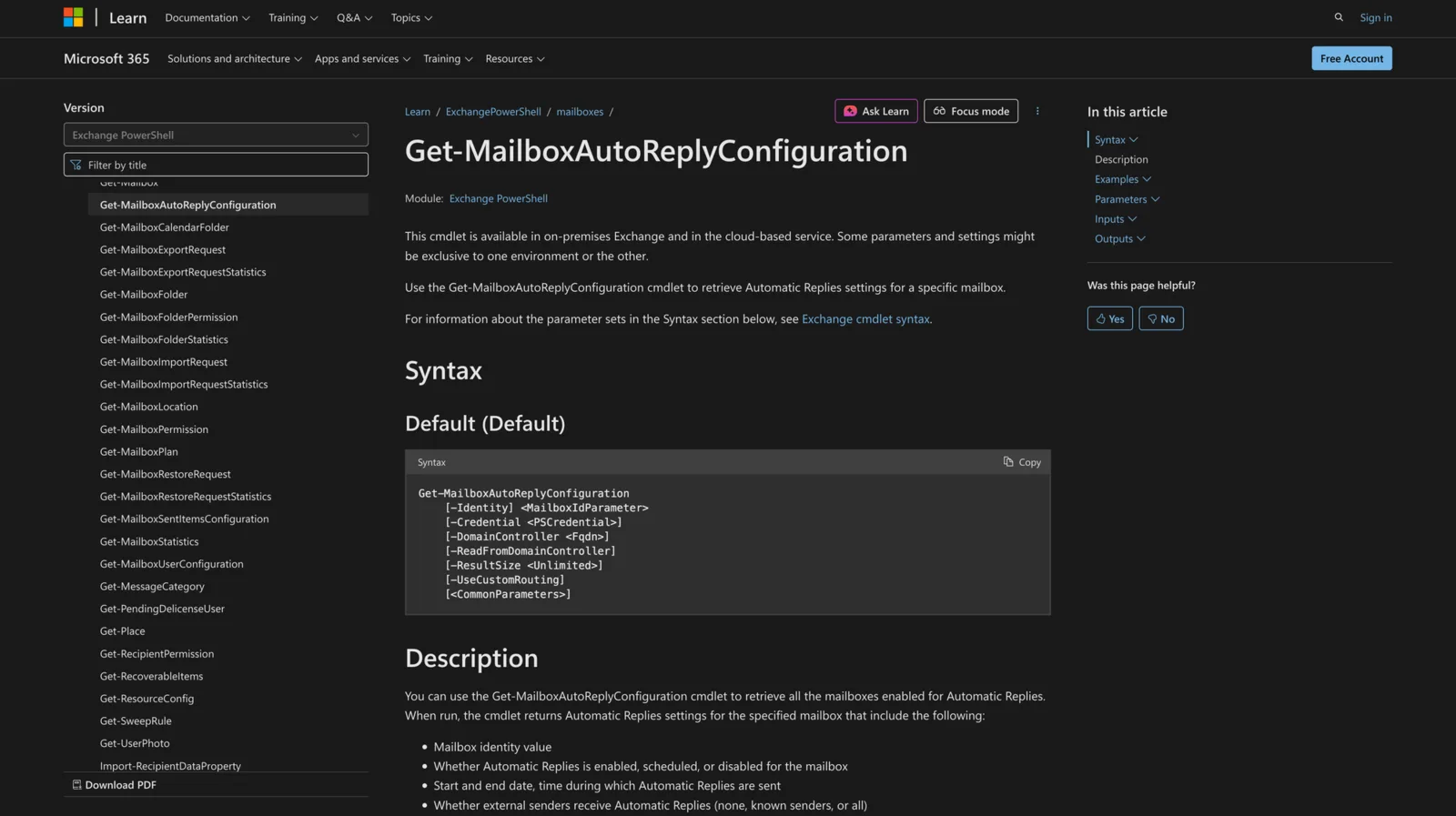 Microsoft Learn documentation for the Get-MailboxAutoReplyConfiguration cmdlet showing its PowerShell syntax