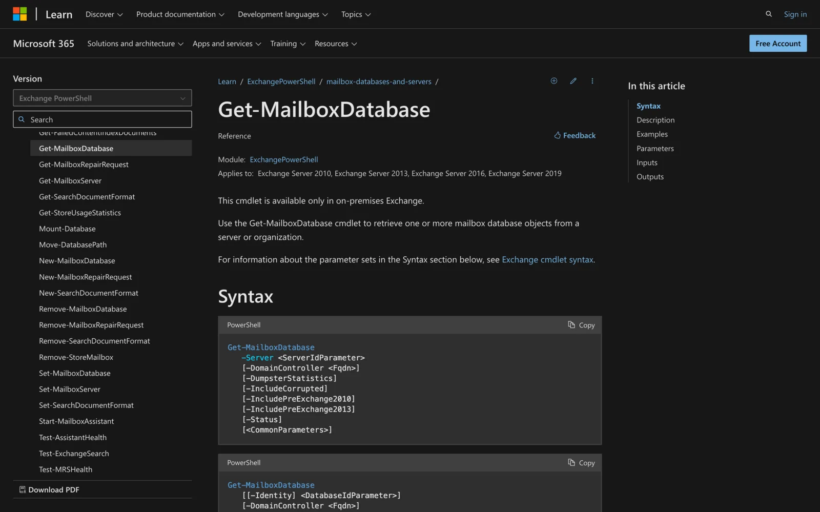 Microsoft Learn documentation for the Get-MailboxDatabase cmdlet showing its PowerShell syntax