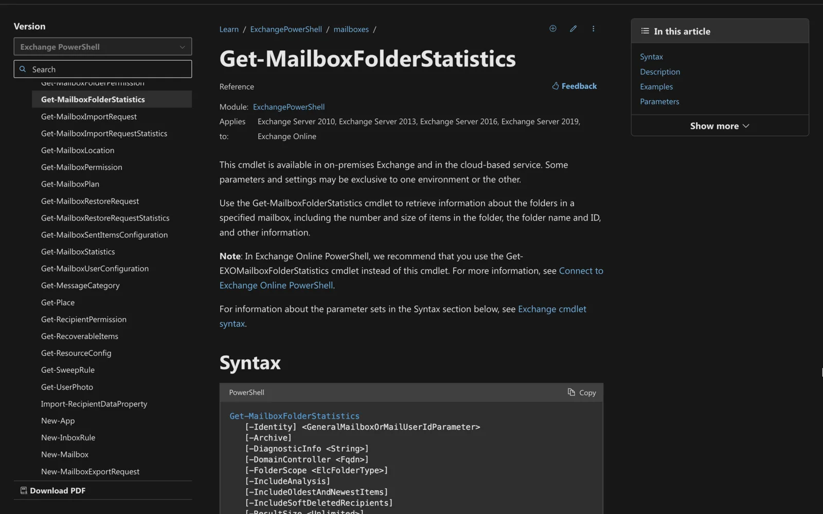 Microsoft Learn documentation for the Get-MailboxFolderStatistics cmdlet showing its PowerShell syntax