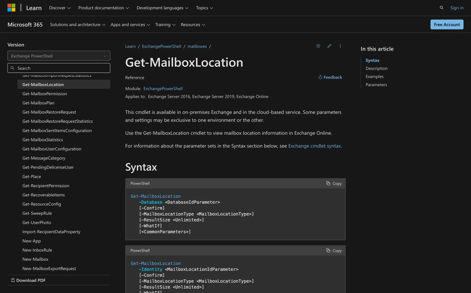Microsoft Learn documentation for the Get-MailboxLocation cmdlet showing its PowerShell syntax