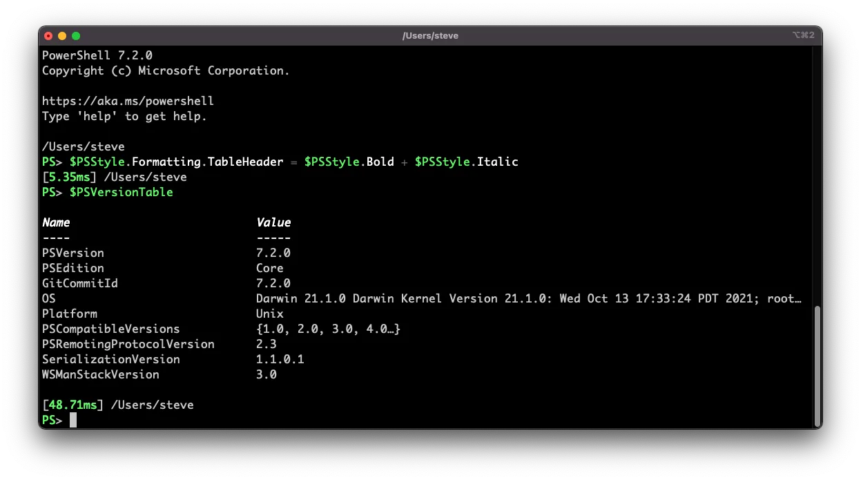 PowerShell 7.2 running in a macOS terminal showing the $PSVersionTable output