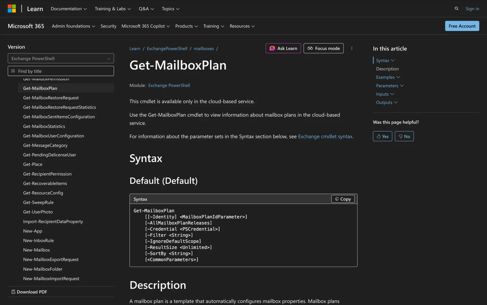 Microsoft Learn documentation for the Get-MailboxPlan cmdlet showing its PowerShell syntax
