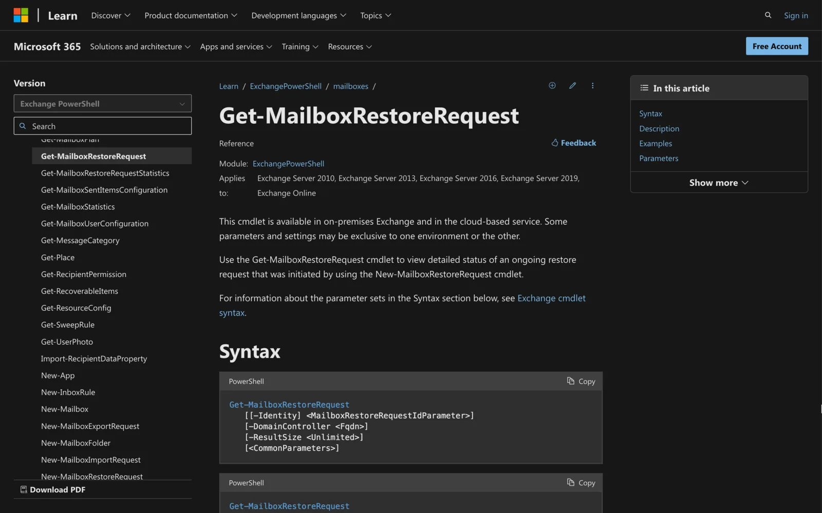 Microsoft Learn documentation for the Get-MailboxRestoreRequest cmdlet showing its PowerShell syntax