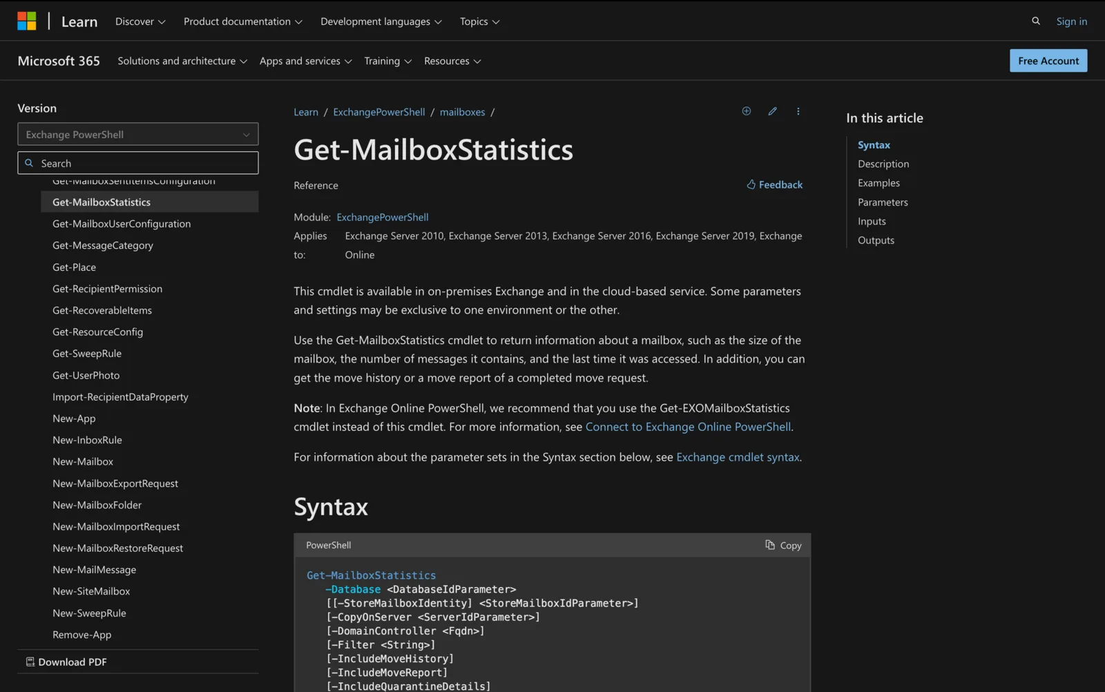 Microsoft Learn documentation for the Get-MailboxStatistics cmdlet showing its PowerShell syntax