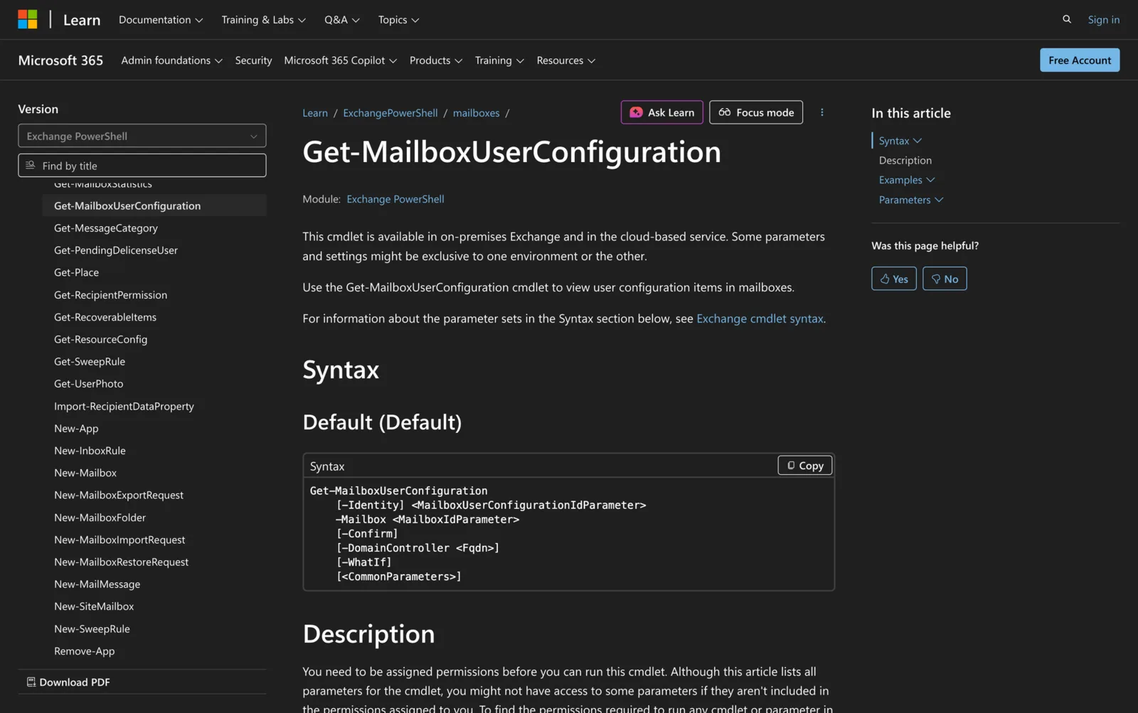 Microsoft Learn documentation for the Get-MailboxUserConfiguration cmdlet showing its PowerShell syntax