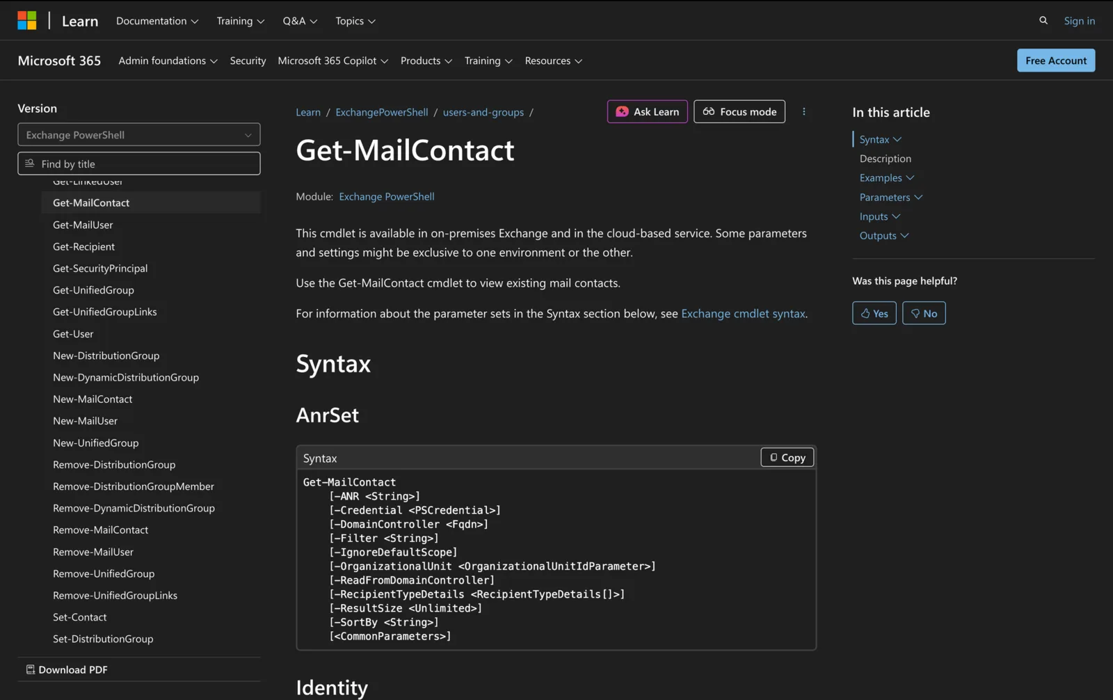 Microsoft Learn documentation for the Get-MailContact cmdlet showing its PowerShell syntax