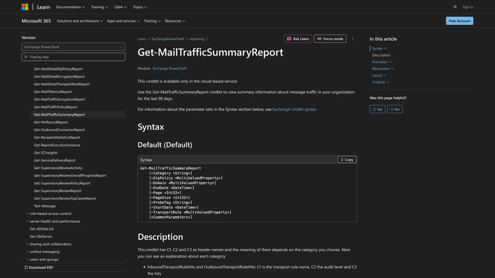 Microsoft Learn documentation for the Get-MailTrafficSummaryReport cmdlet showing its PowerShell syntax