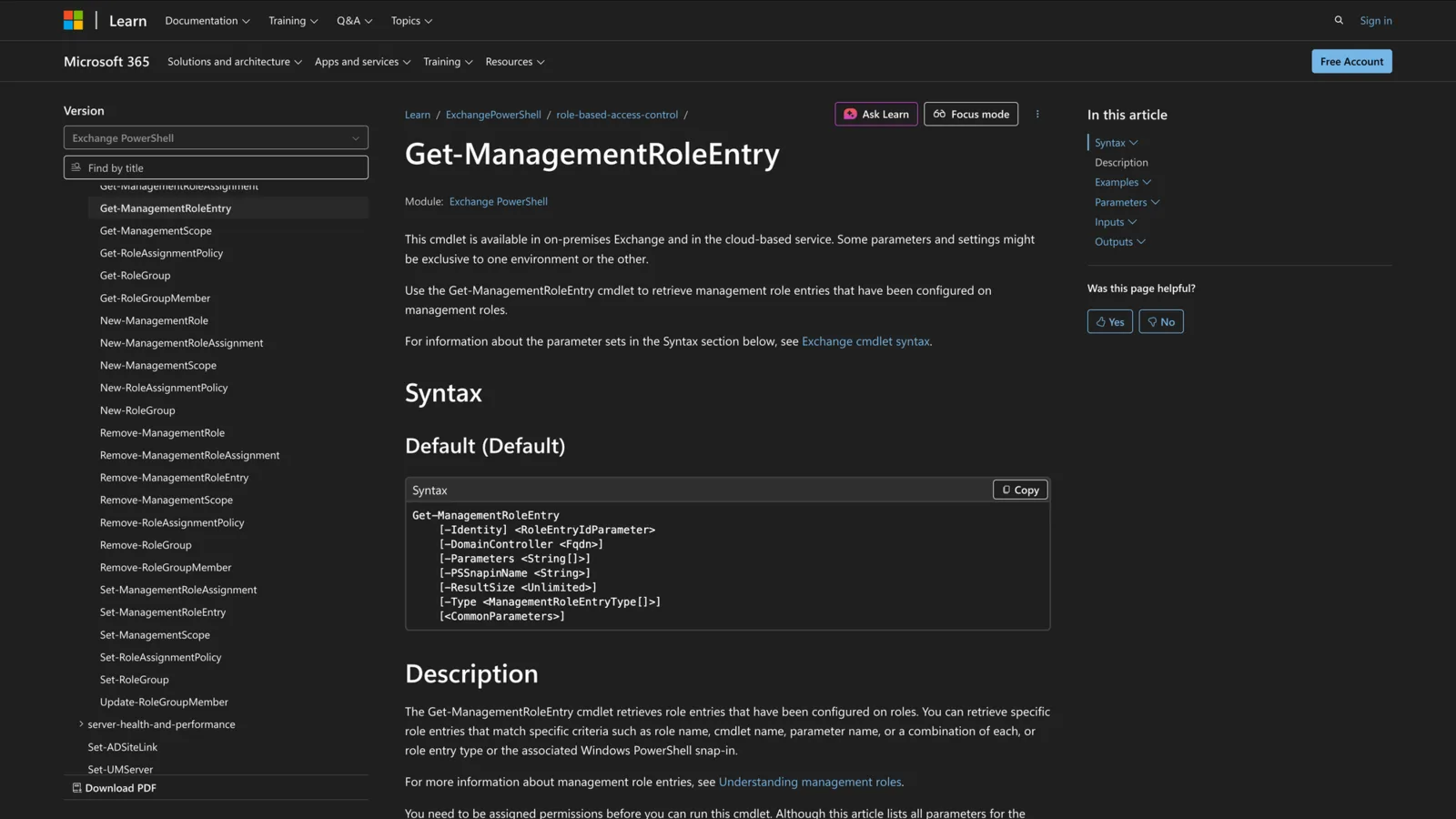 Microsoft Learn documentation for the Get-ManagementRoleEntry cmdlet showing its PowerShell syntax
