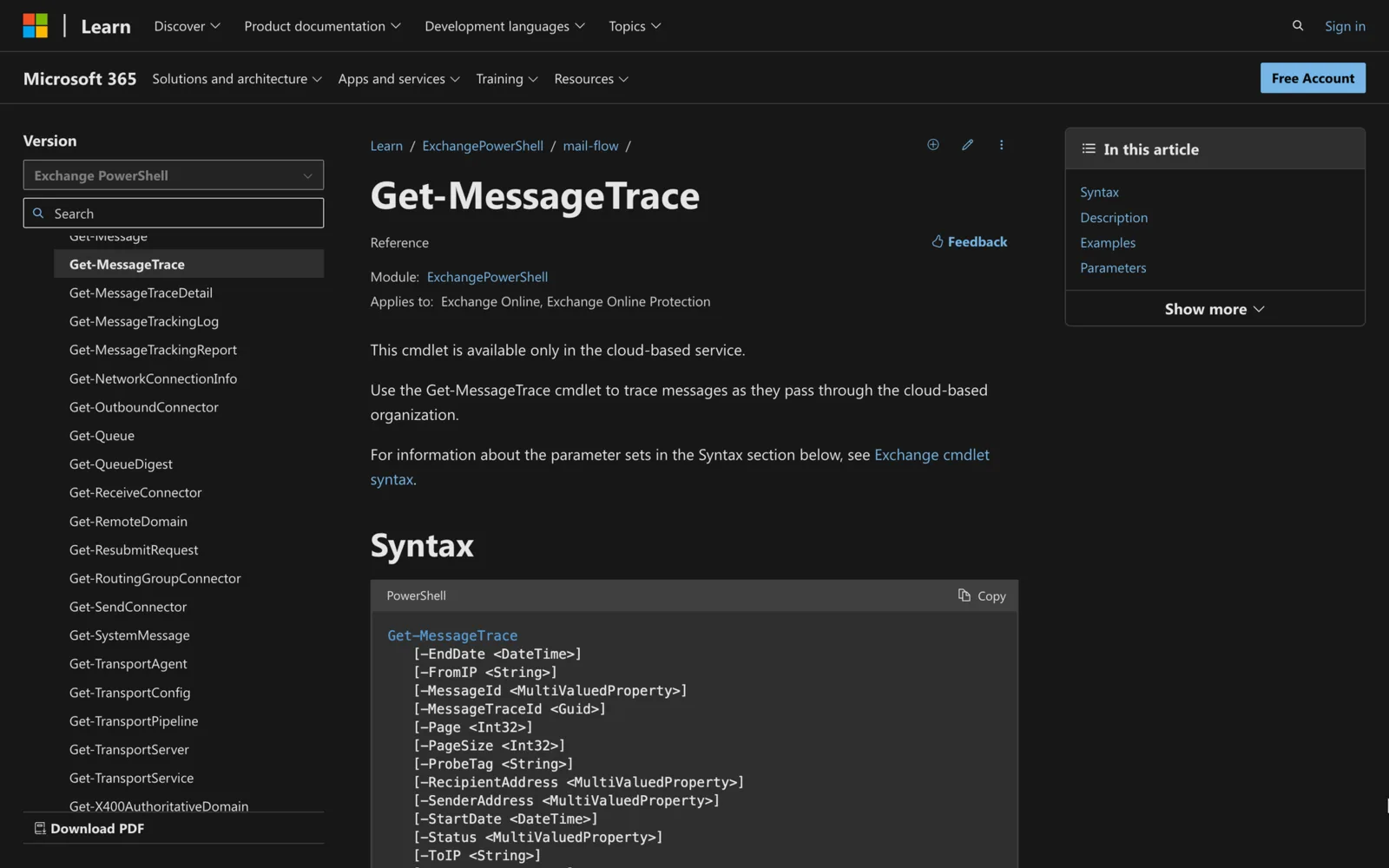Microsoft Learn documentation for the Get-MessageTrace cmdlet showing its PowerShell syntax
