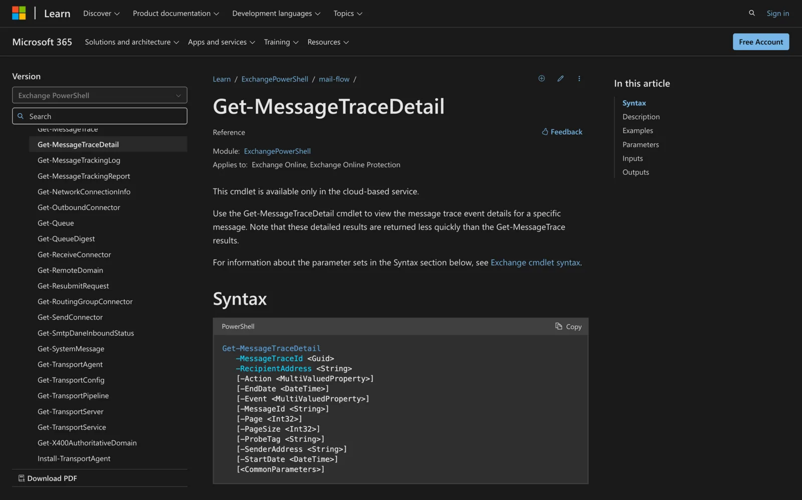Microsoft Learn documentation for the Get-MessageTraceDetail cmdlet showing its PowerShell syntax