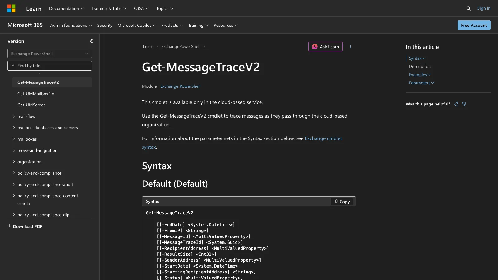 Microsoft Learn documentation for the Get-MessageTraceV2 cmdlet showing its PowerShell syntax