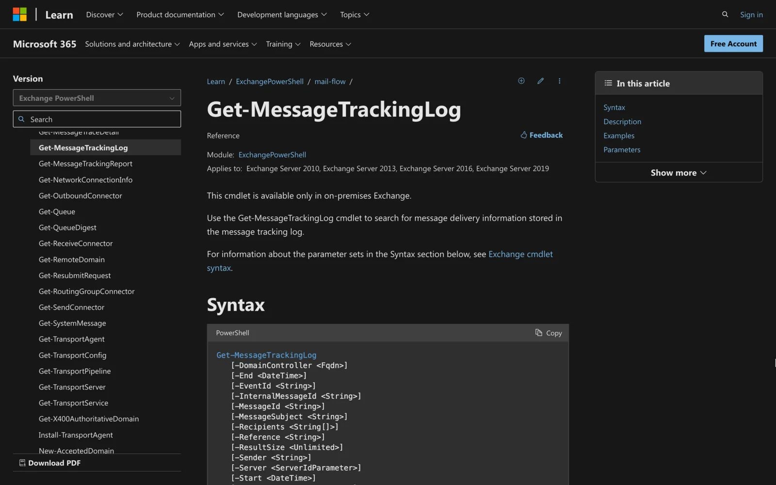 Microsoft Learn documentation for the Get-MessageTrackingLog cmdlet showing its PowerShell syntax