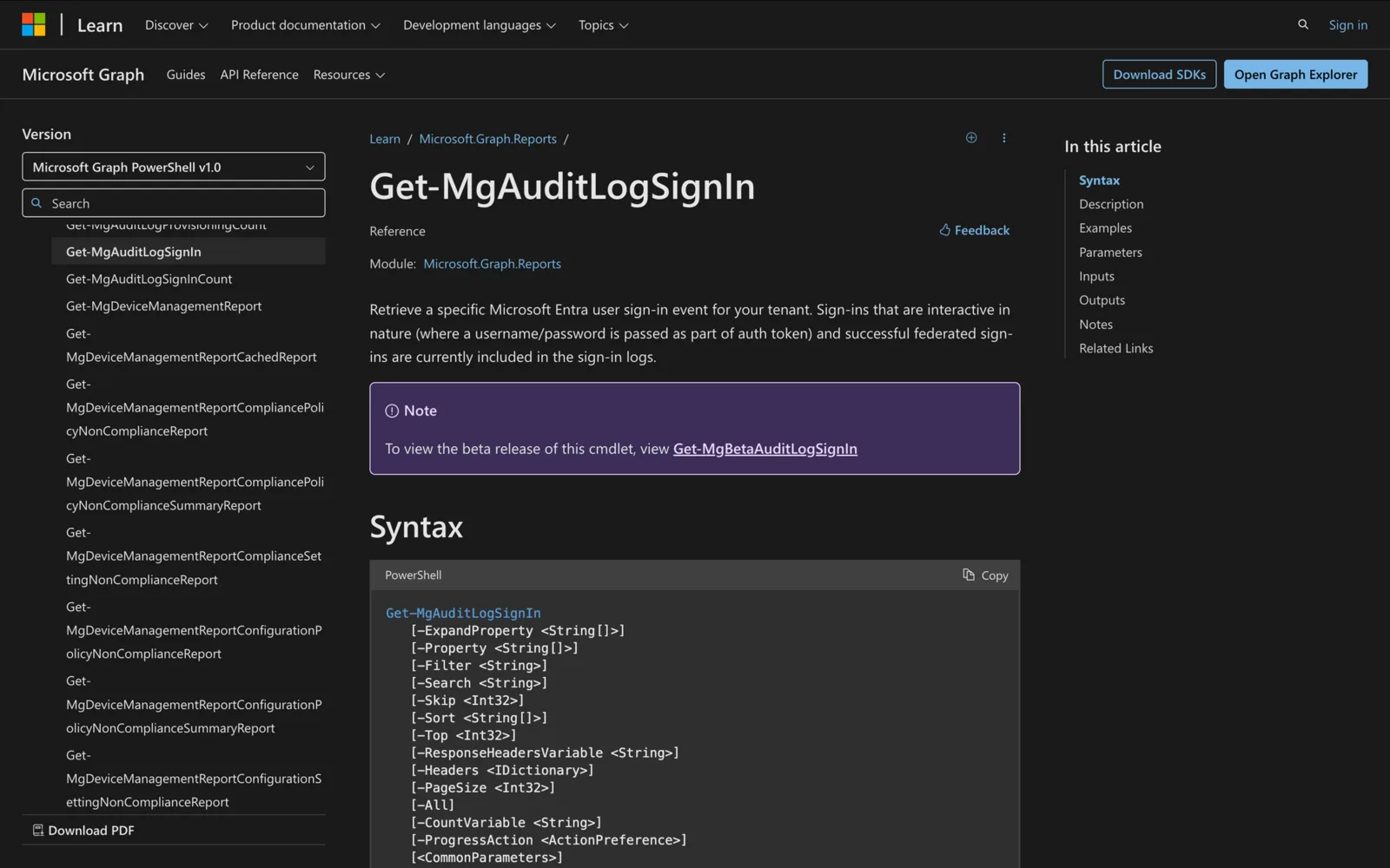 Microsoft Learn documentation for the Get-MgAuditLogSignIn cmdlet showing its PowerShell syntax
