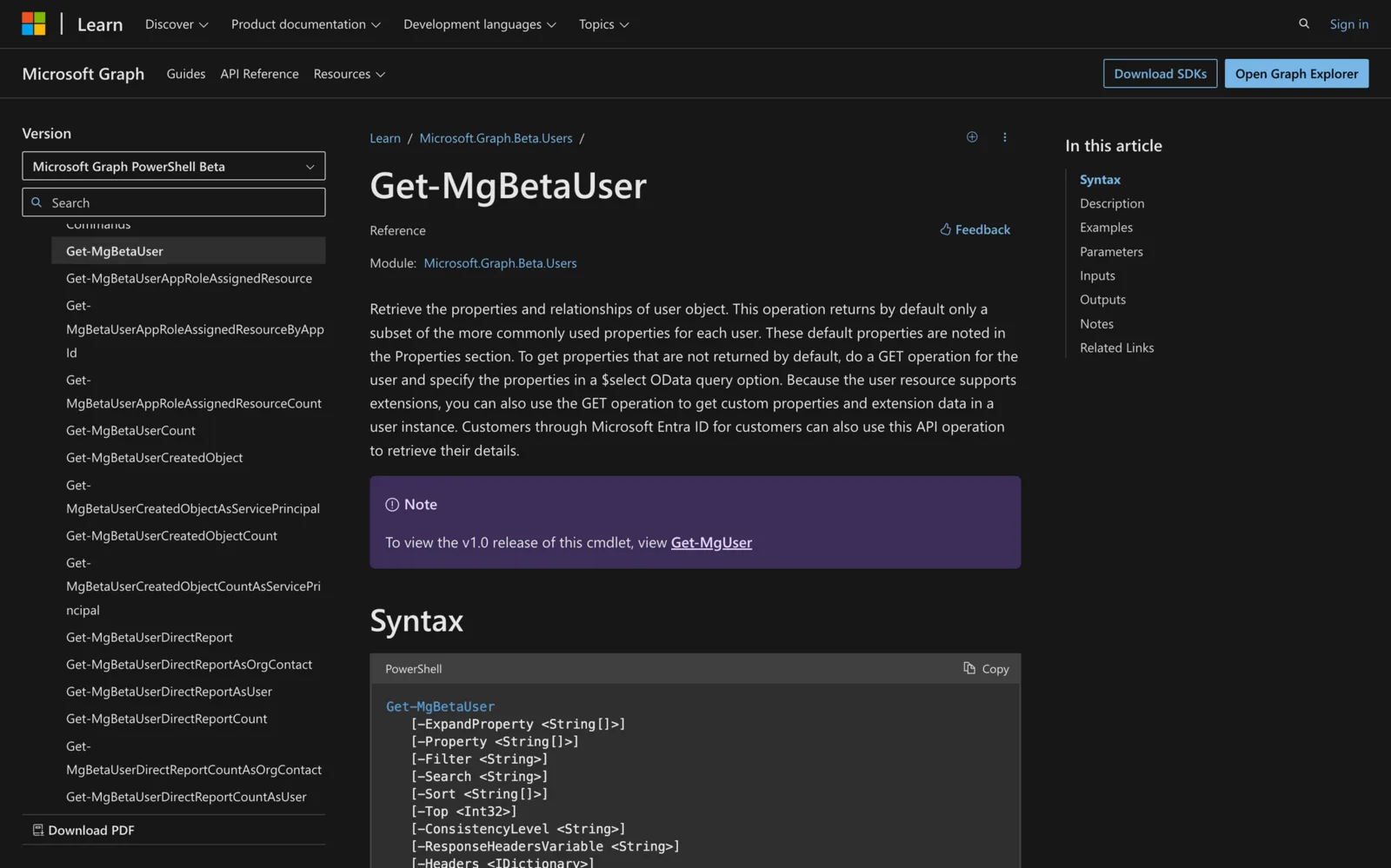 Microsoft Learn documentation for the Get-MgBetaUser cmdlet showing its PowerShell syntax