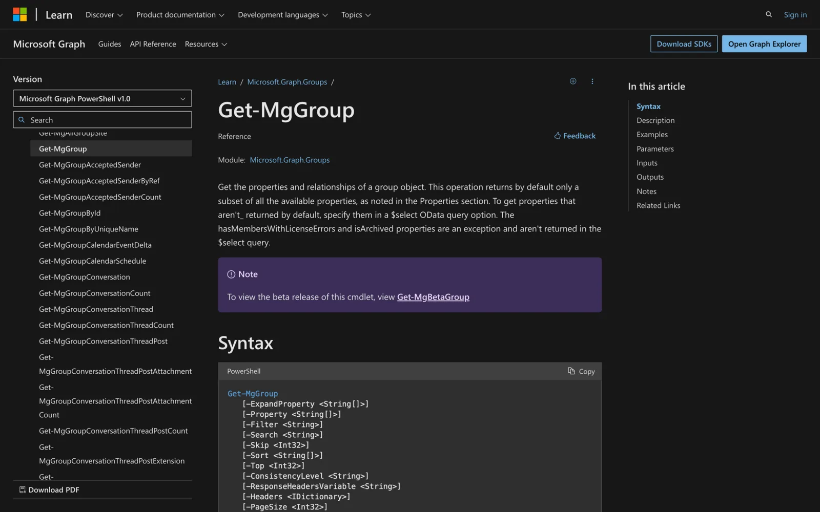 Microsoft Learn documentation for the Get-MgGroup cmdlet showing its PowerShell syntax