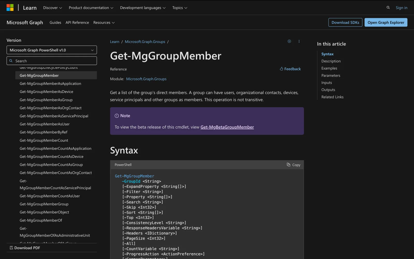 Microsoft Learn documentation for the Get-MgGroupMember cmdlet showing its PowerShell syntax