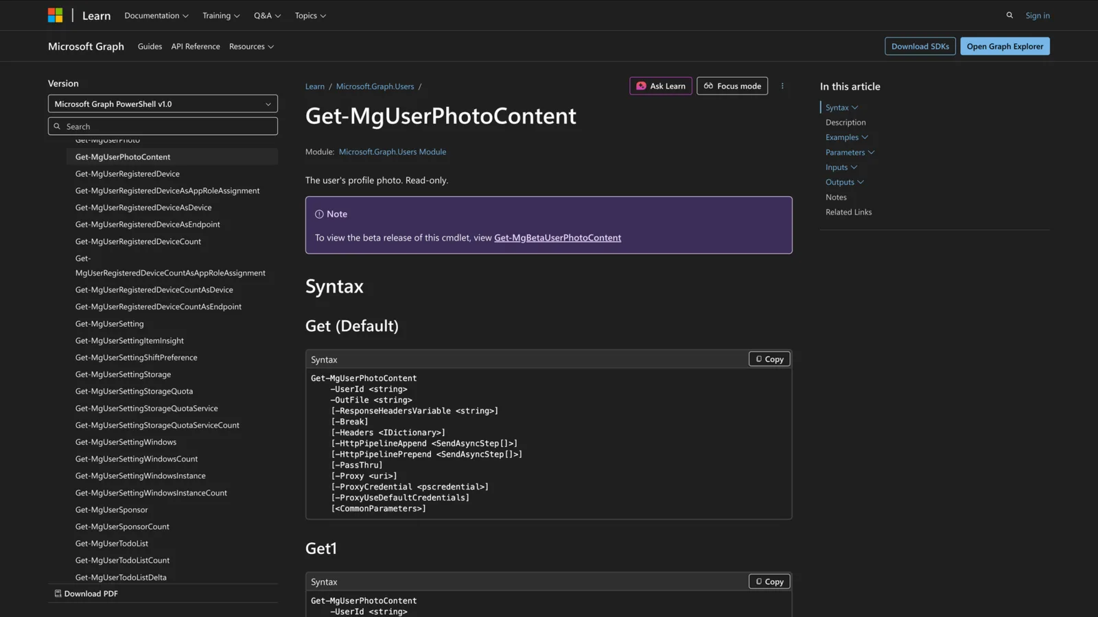 Microsoft Learn documentation for the Get-MgUserPhotoContent cmdlet showing its PowerShell syntax
