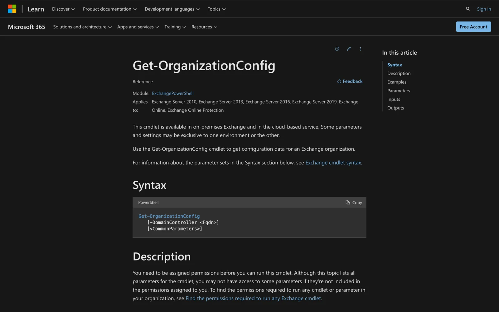 Microsoft Learn documentation for the Get-OrganizationConfig cmdlet showing its PowerShell syntax
