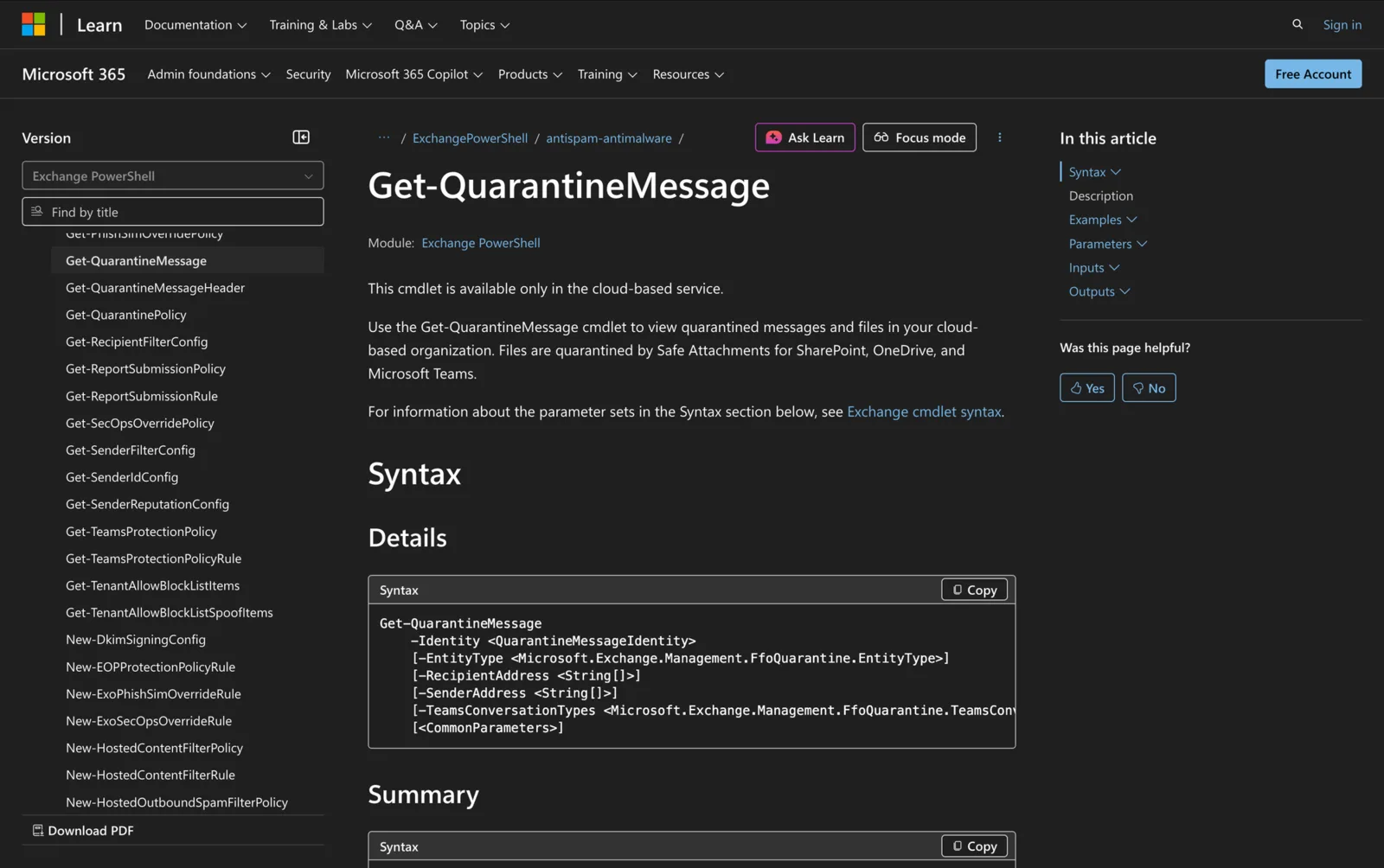Microsoft Learn documentation for the Get-QuarantineMessage cmdlet showing its PowerShell syntax