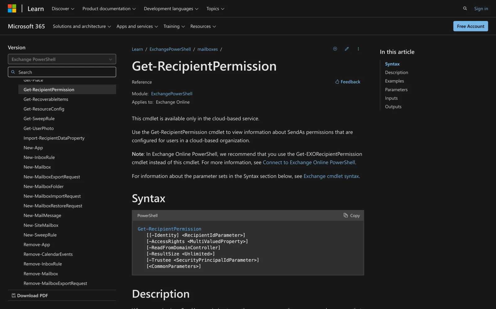 Microsoft Learn documentation for the Get-RecipientPermission cmdlet showing its PowerShell syntax