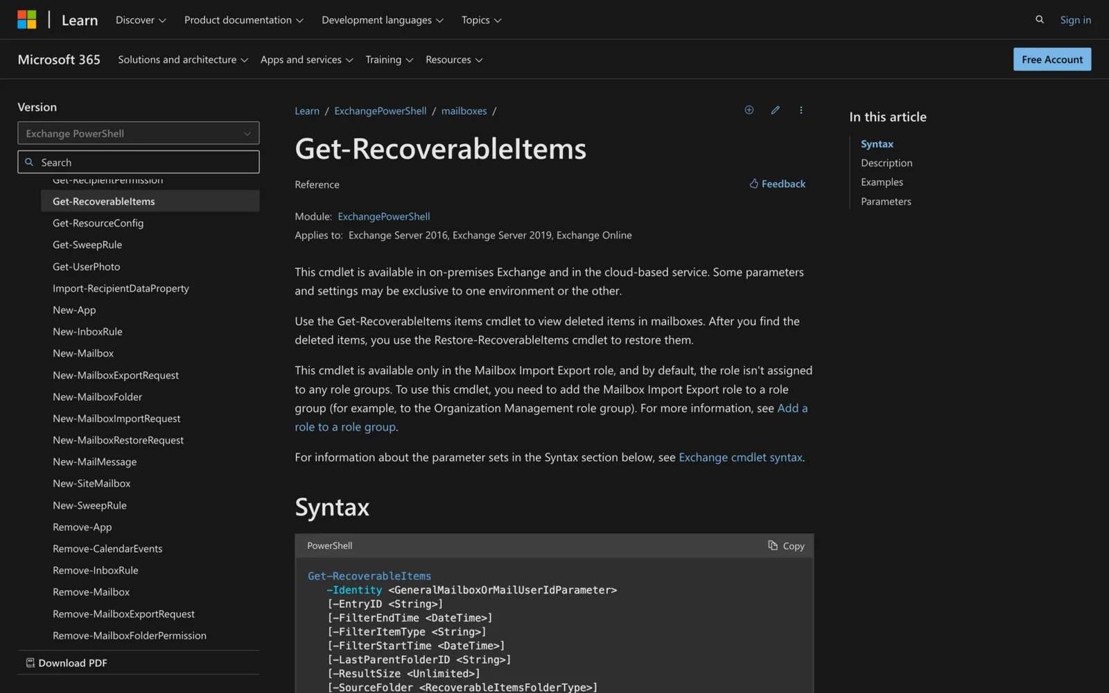 Microsoft Learn documentation for the Get-RecoverableItems cmdlet showing its PowerShell syntax