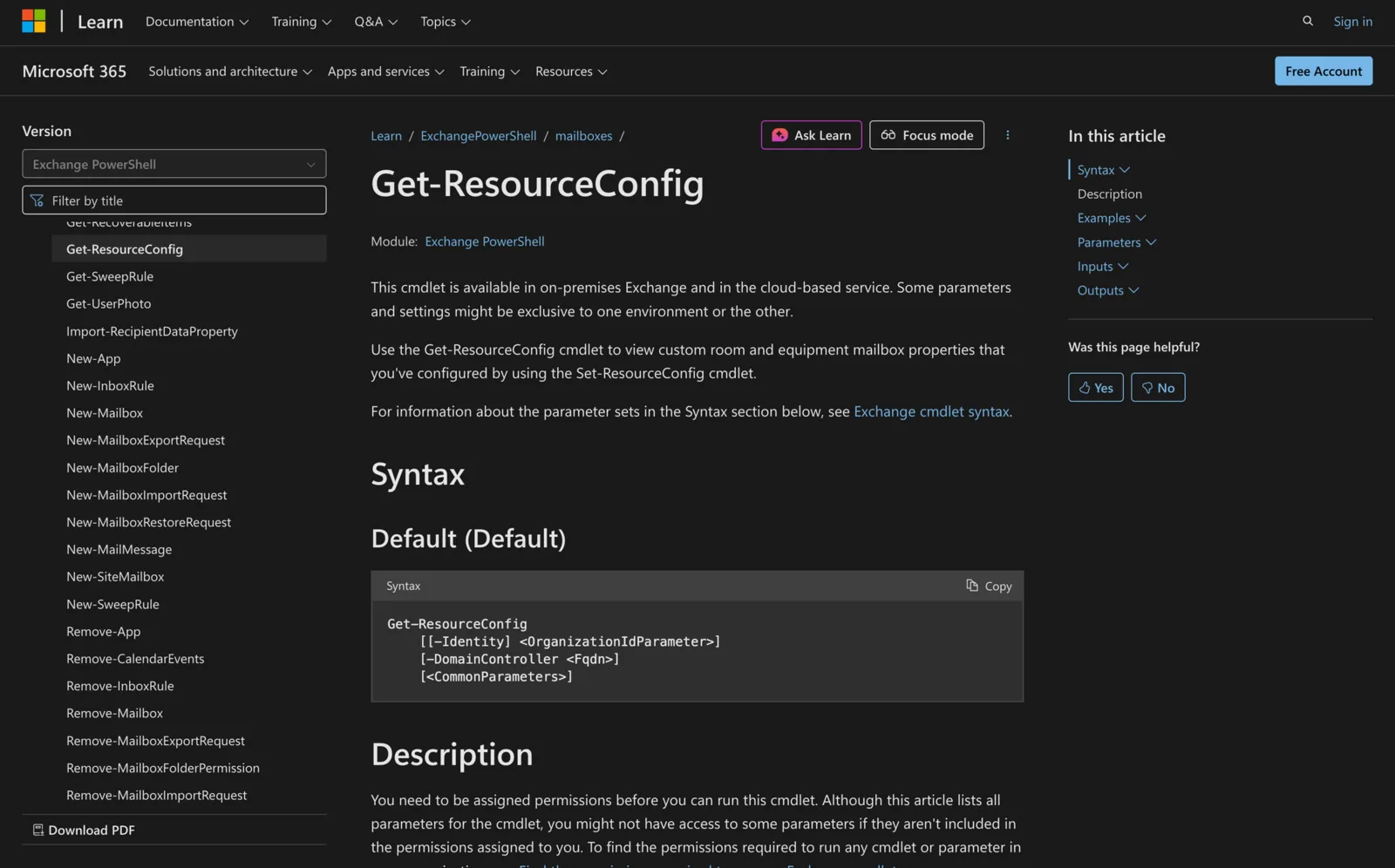 Microsoft Learn documentation for the Get-ResourceConfig cmdlet showing its PowerShell syntax