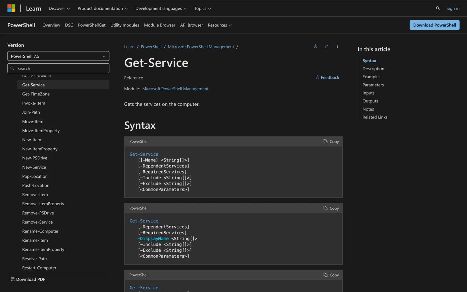 Microsoft Learn documentation for the Get-Service cmdlet showing its PowerShell syntax