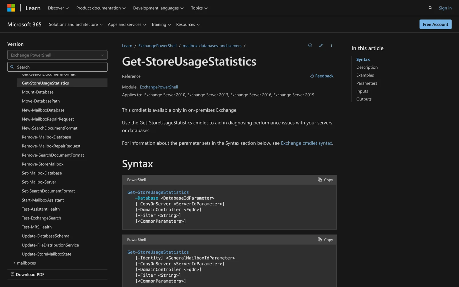 Microsoft Learn documentation for the Get-StoreUsageStatistics cmdlet showing its PowerShell syntax