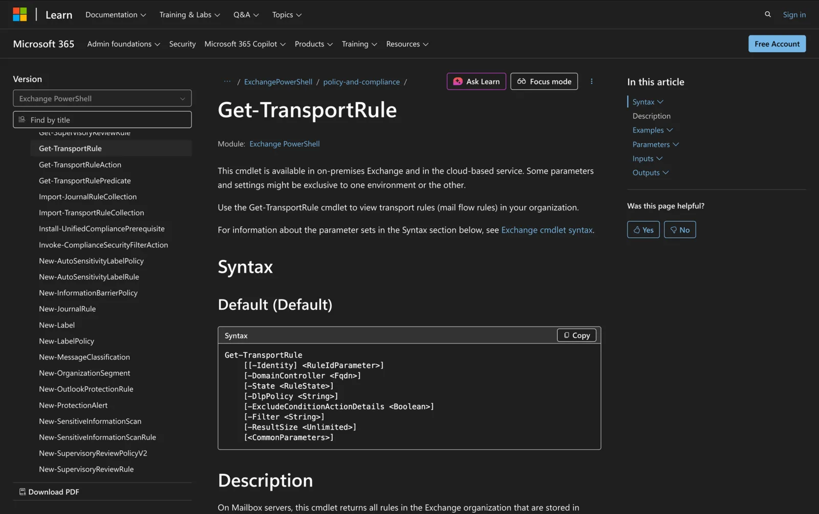 Microsoft Learn documentation for the Get-TransportRule cmdlet showing its PowerShell syntax
