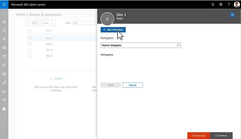 Add delegates panel with a search box for finding users to add