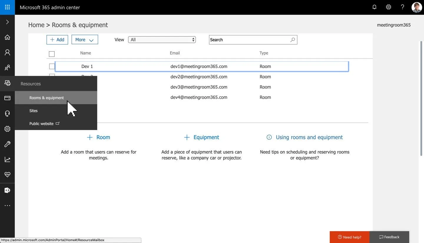 Microsoft 365 admin center with the Resources menu open on Rooms and equipment