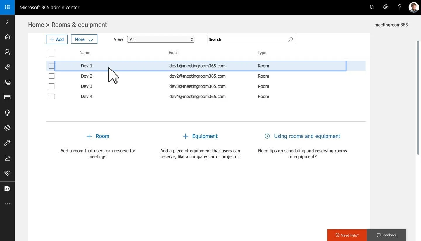 Microsoft 365 admin center rooms list with a room mailbox selected