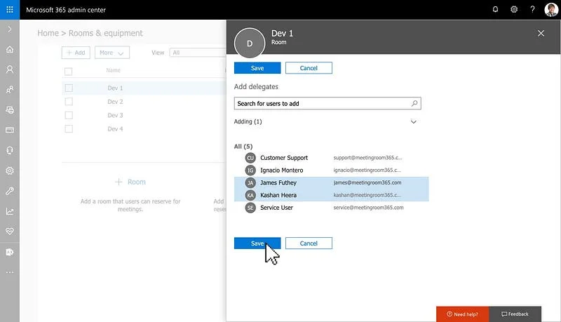 Delegate picker with the chosen user selected and the Save button highlighted