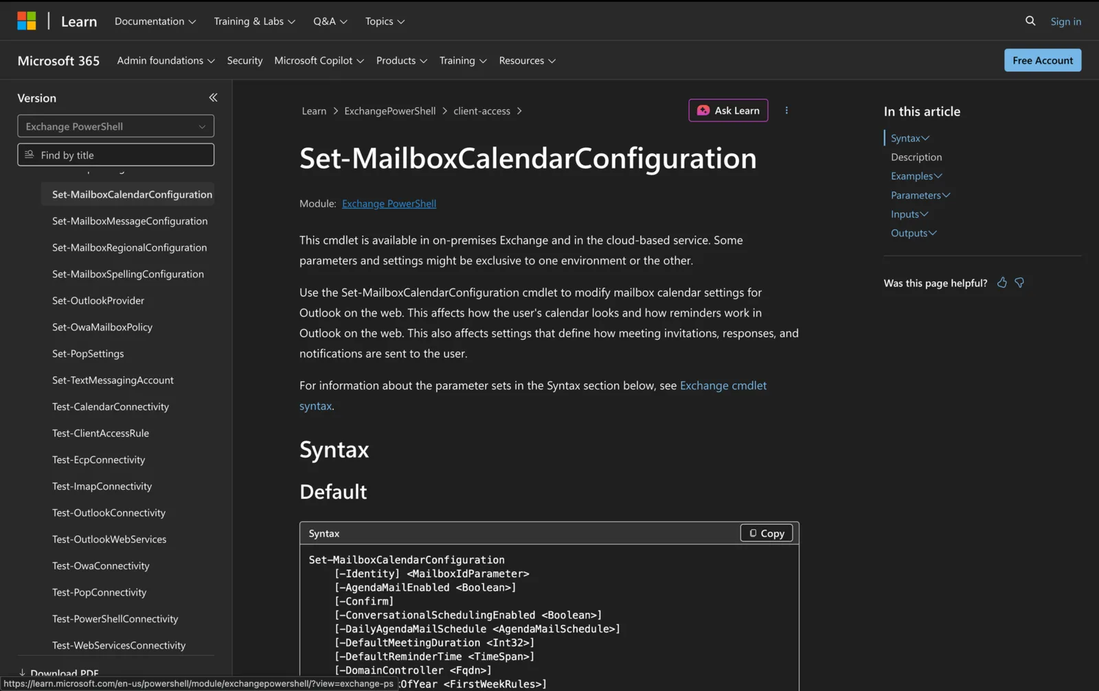 Microsoft Learn documentation for the Set-MailboxCalendarConfiguration cmdlet showing its PowerShell syntax