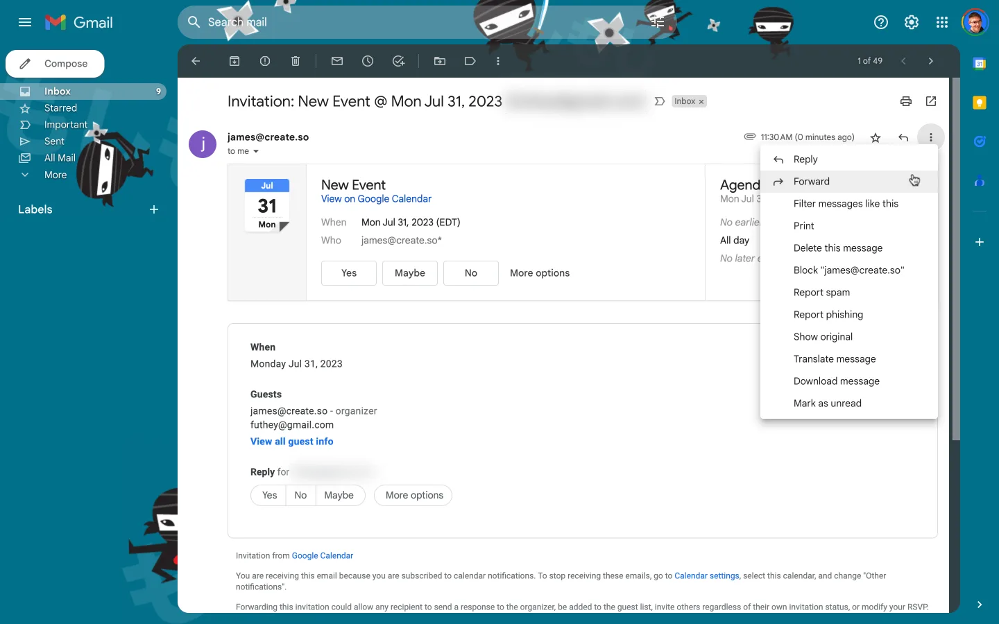 Gmail calendar invitation with the message menu open on the Forward option