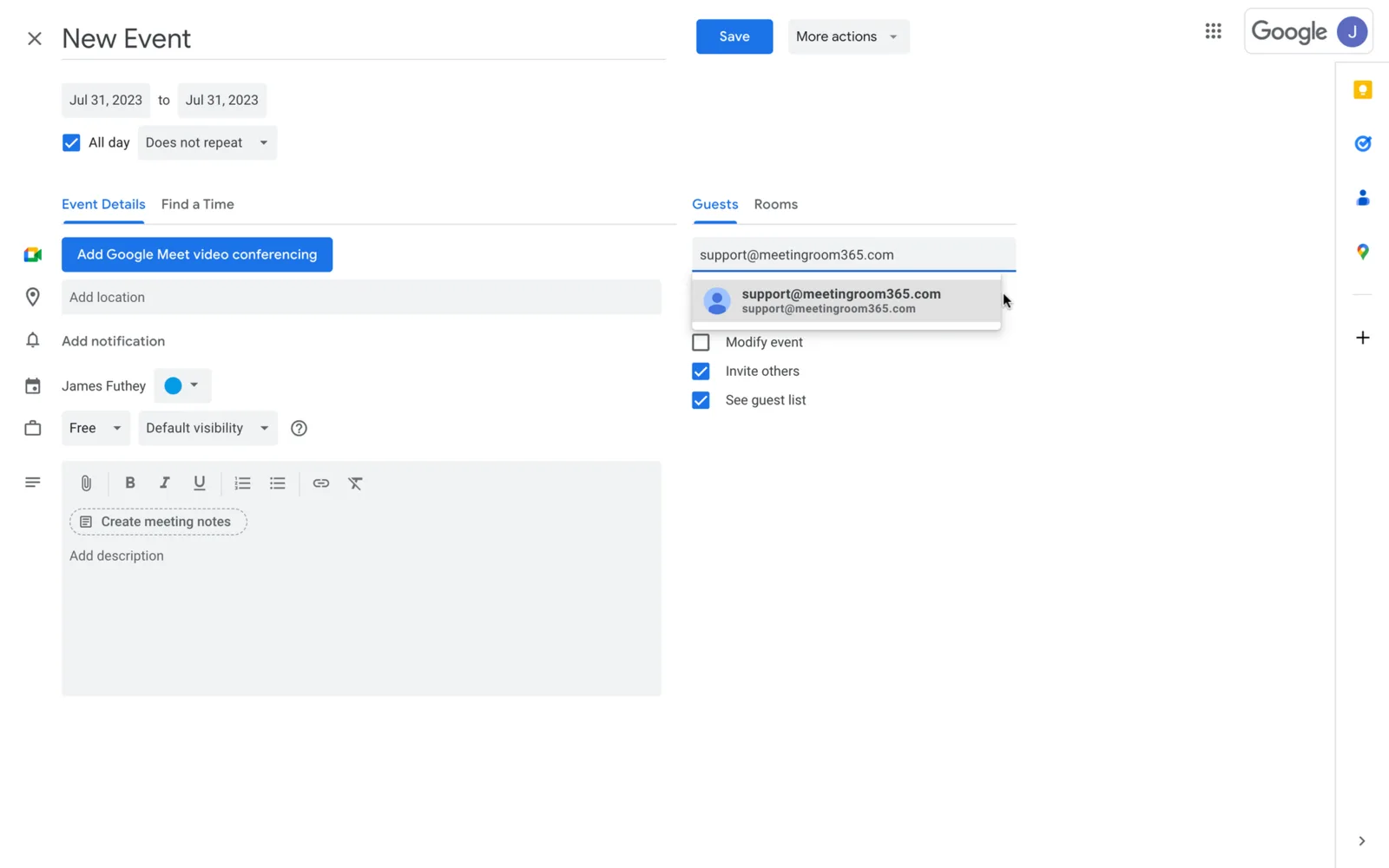 Google Calendar new event with a guest email typed and an address suggestion shown