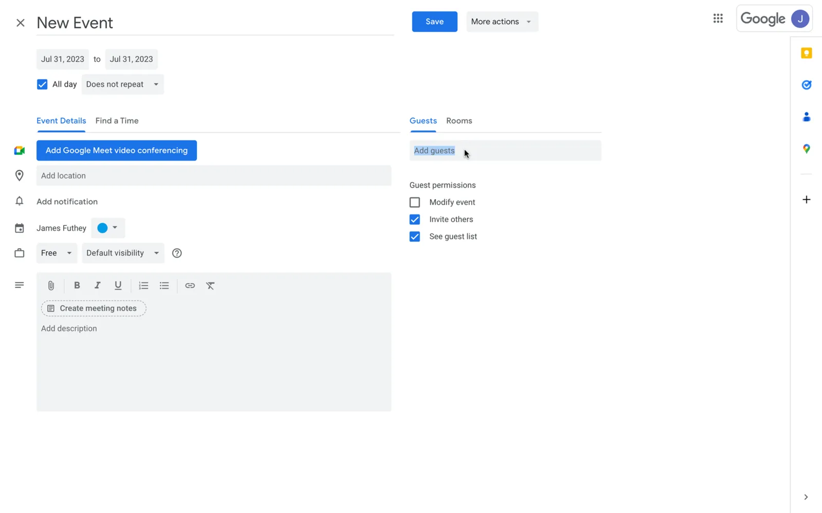 Google Calendar new event with the Add guests field selected