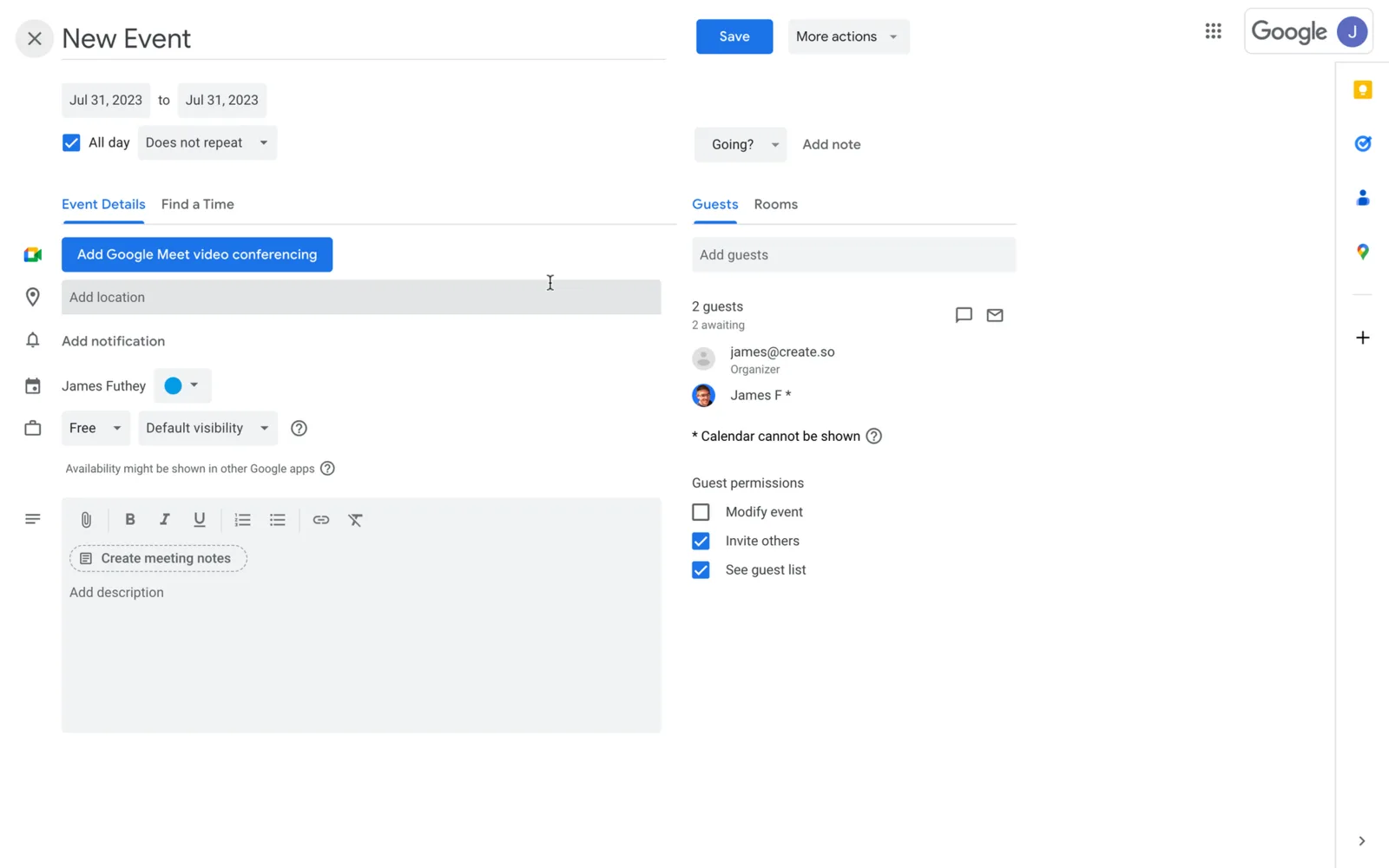 Google Calendar new event with the Guests panel and guest permission options
